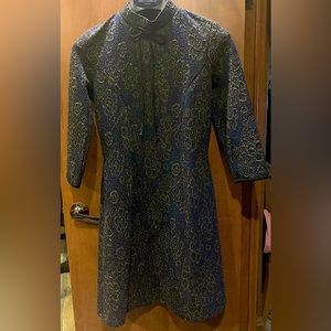 Knee length A line, navy blue and gold dress, US size 6 with 3/4 sleeve